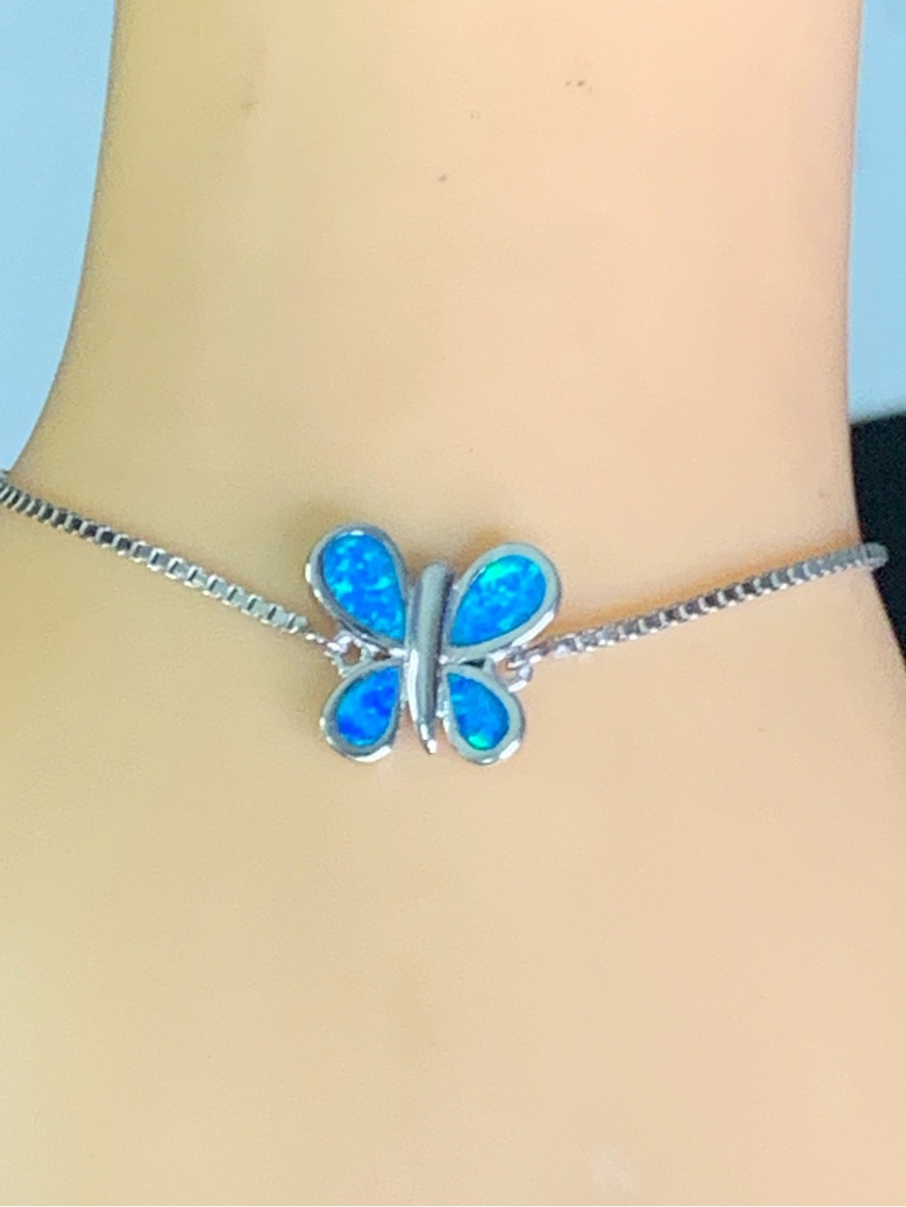 Vintage CO 925 Sterling Silver Blue Opal Butterfly Bolo Bracelet. Adjustable